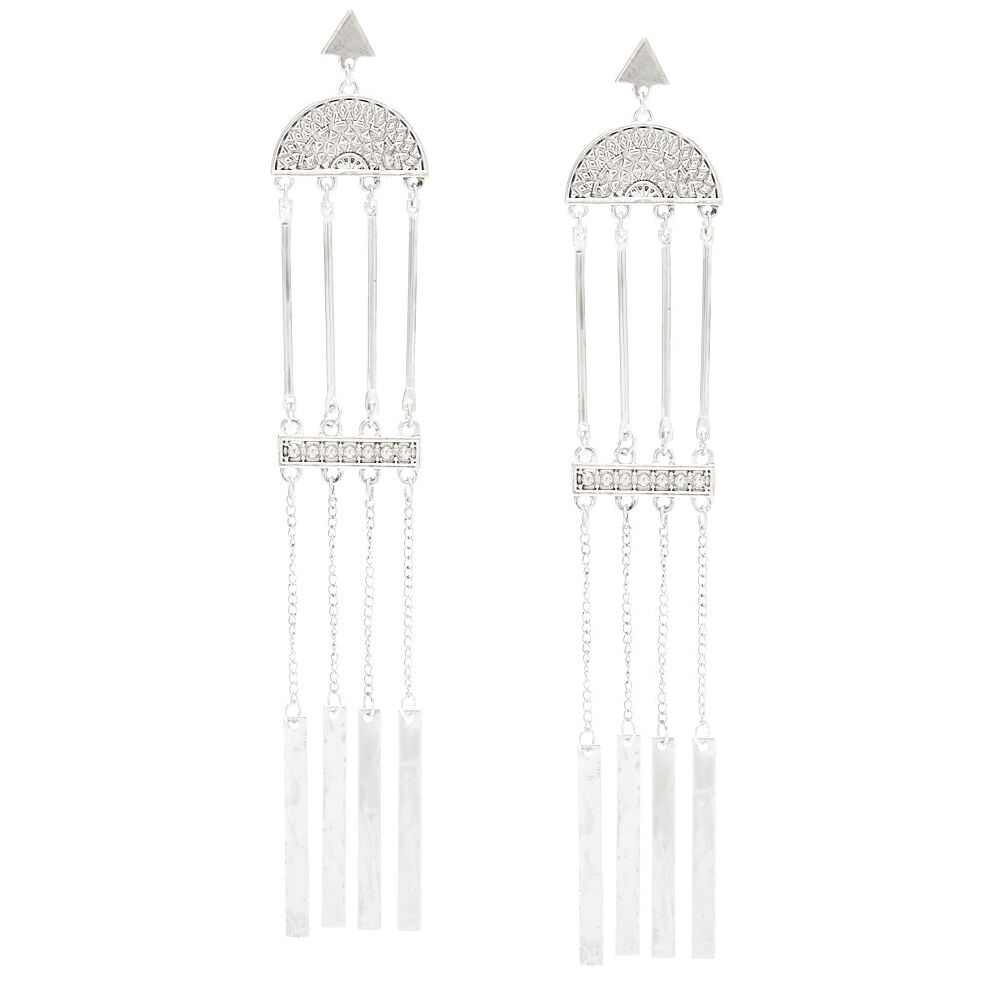 Silver Tone Long Wind Chime Earrings,