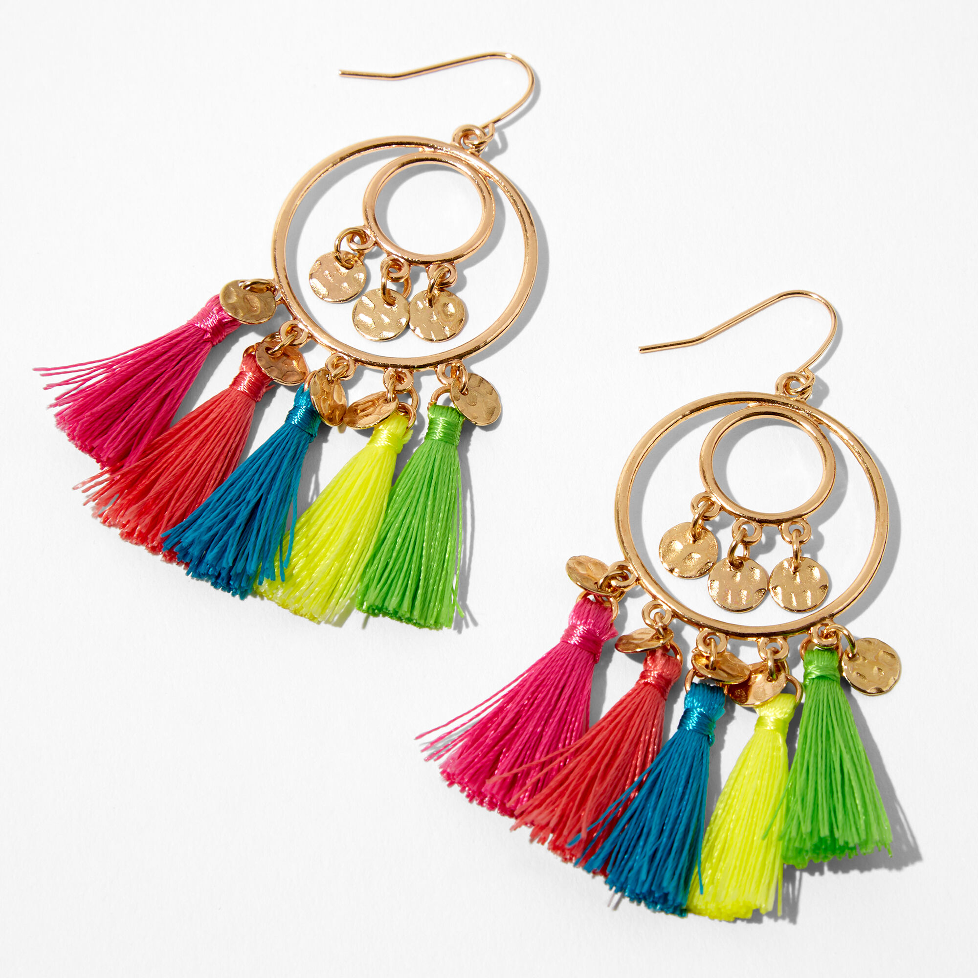 View Claires Rainbow Tassel 2 Tone Chandelier Drop Earrings Gold information