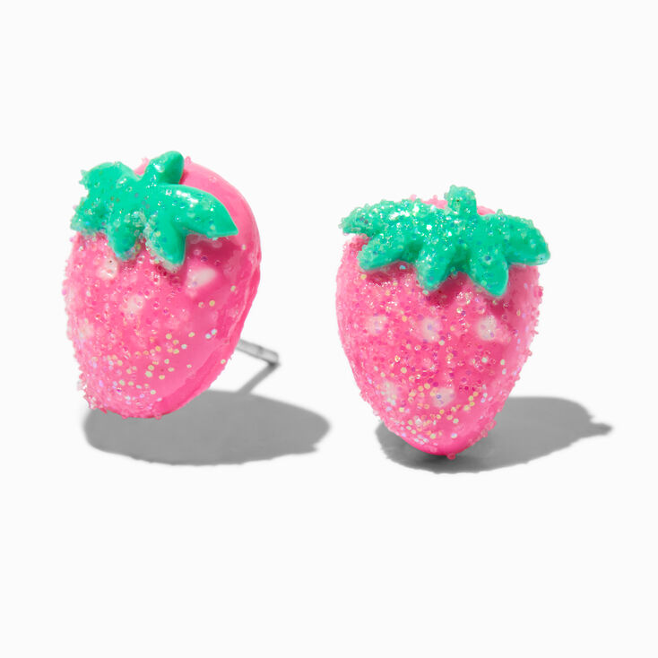 Glitter Pink Strawberry Stud Earrings,