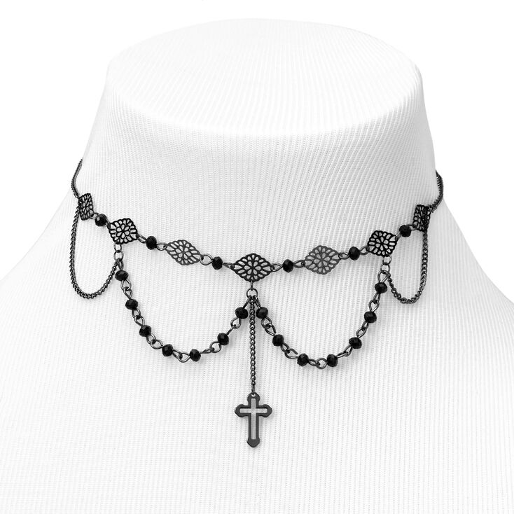 Cross Filigree Choker Necklace - Black