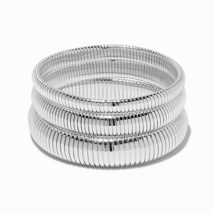 Silver-tone Ribbed Stackable Bangle Bracelets - 3 Pack,