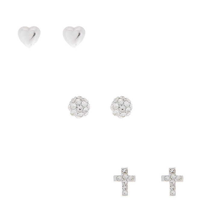 Claire's Lot de 3 boucles d'oreilles en argent avec cœur de boule de feu