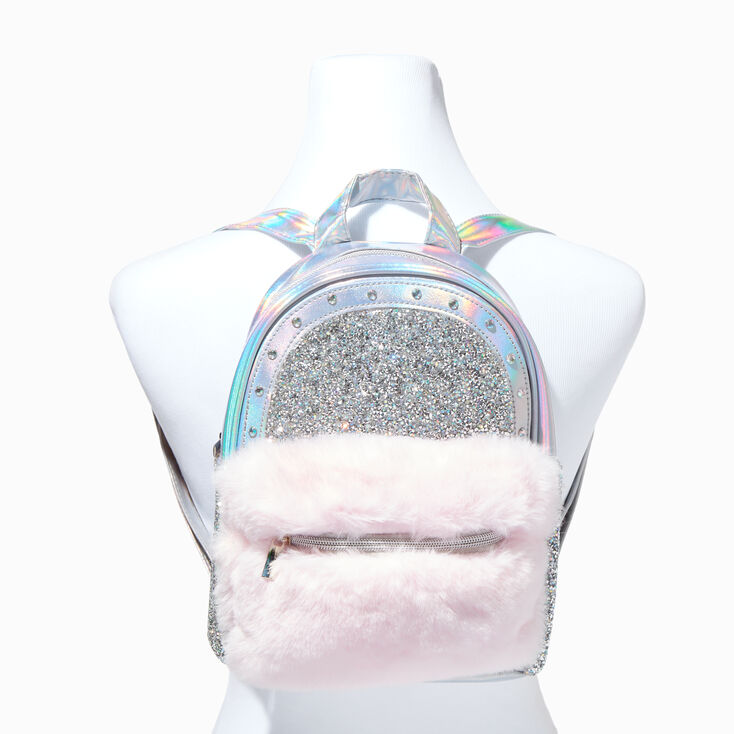 Furry Pink Glitter Iridescent Mini Backpack,