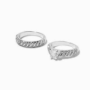  Silver-tone Cubic Zirconia Heart Rings - 2 Pack,