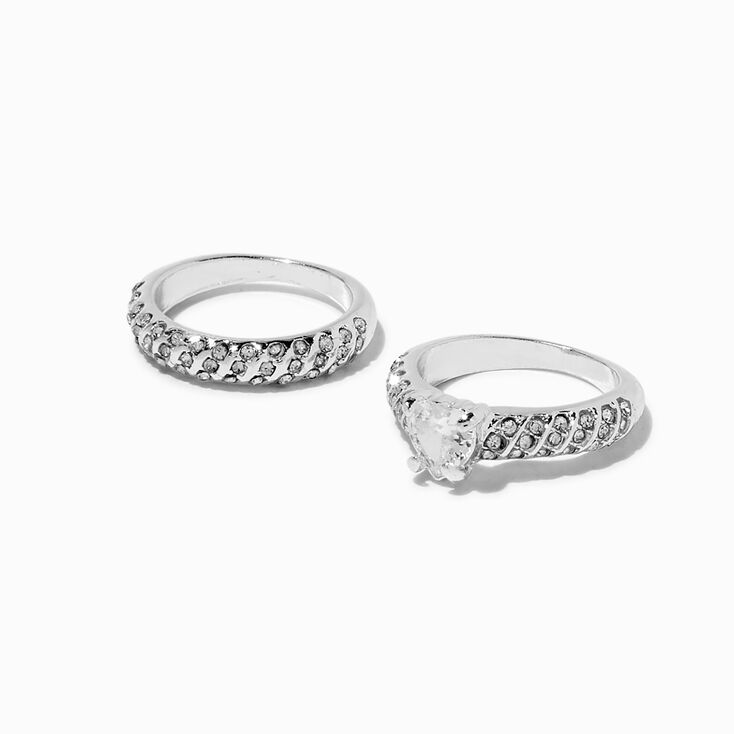  Silver-tone Cubic Zirconia Heart Rings - 2 Pack,