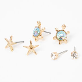 Gold Starfish Turtle Stud Earrings - 3 Pack,