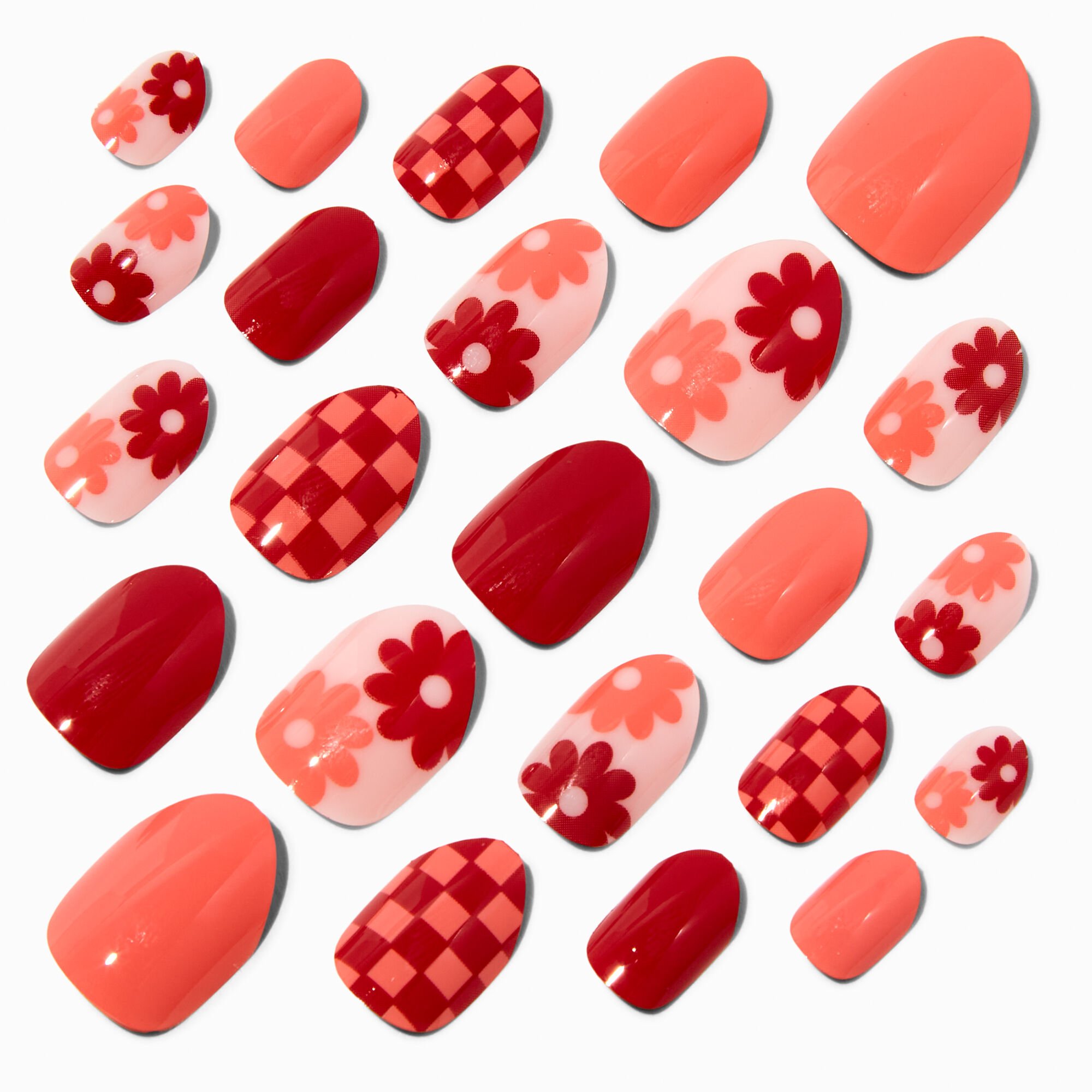 Checkered Floral Stiletto Press On Vegan Faux Nail Set - 24 Pack,