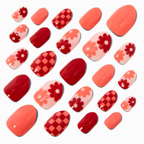 Checkered Floral Stiletto Press On Vegan Faux Nail Set - 24 Pack,