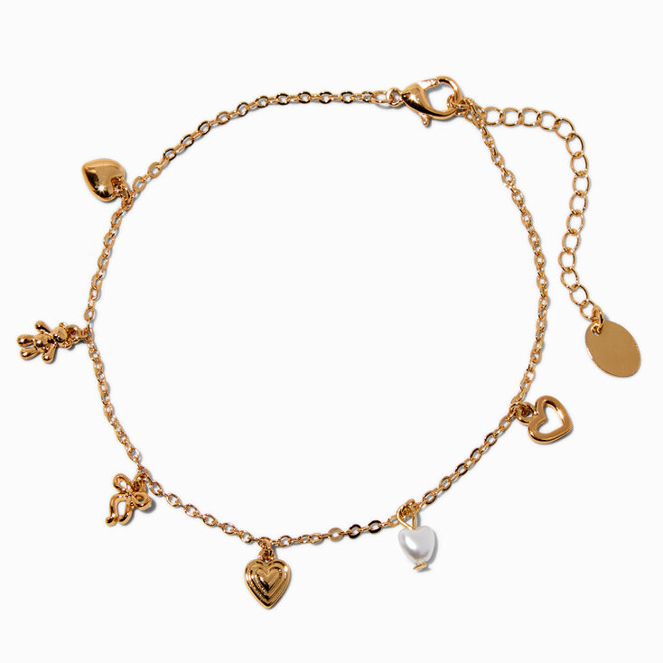 Gold-tone Heart &amp; Pearl Charm Anklet,
