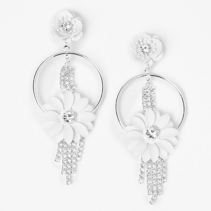 Silver 1.5&quot; Rhinestone Whimsical Floral Drop Earrings,