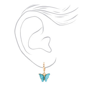 Gold 10MM Blue Butterfly Huggie Hoop Earrings,