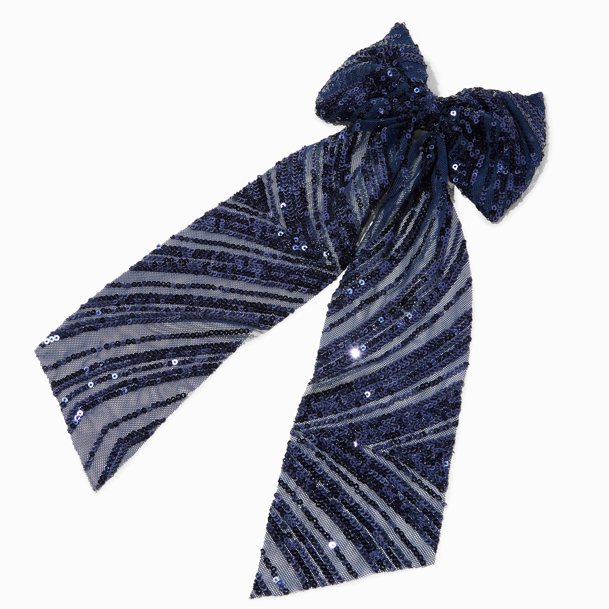 View Claires Sequin Long Tail Hair Bow Clip Navy Blue information