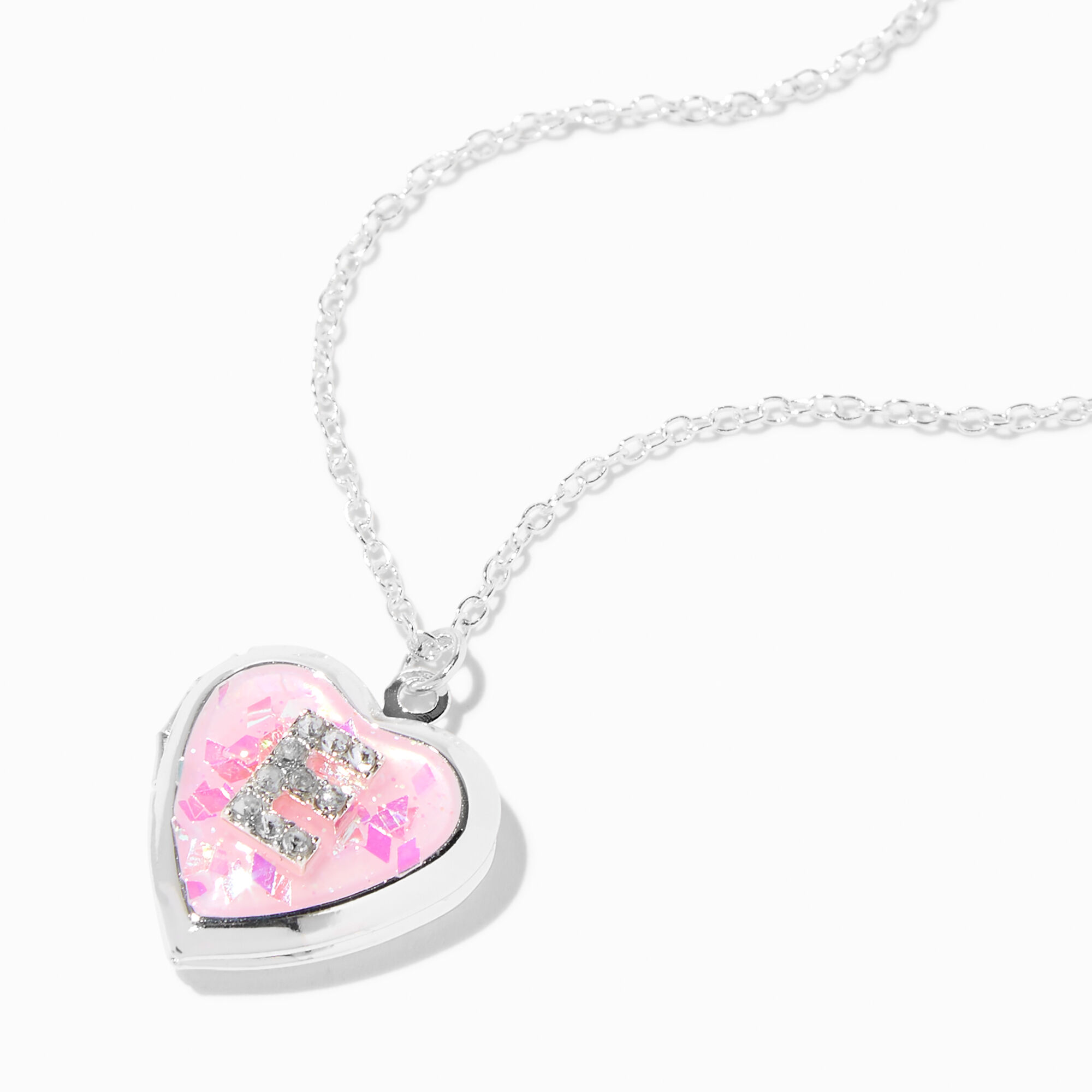 View Claires Embellished Initial Glitter Heart Locket Necklace E Pink information