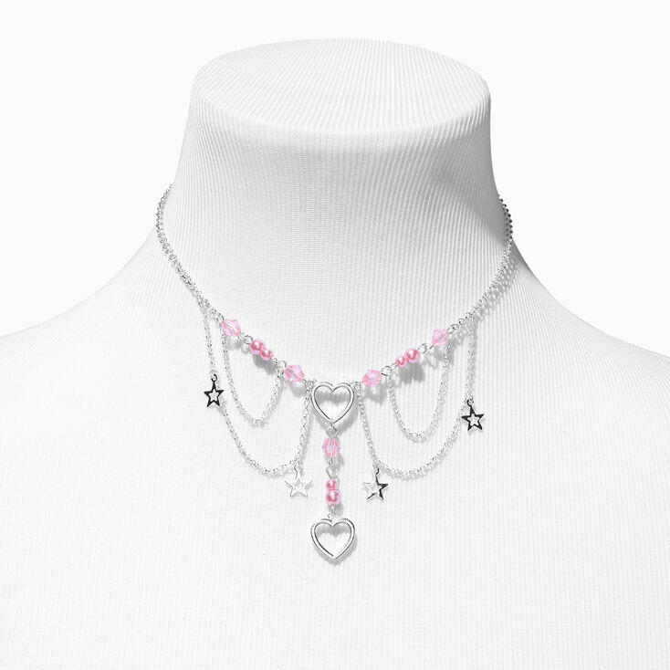 Silver Heart Pink Beaded Choker Necklace,