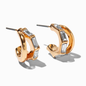 Baguette Crystal Gold-tone Double Hoop Earrings,