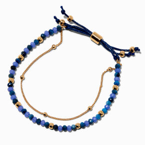 Blue Beaded Gold-tone Chain Adjustable Bracelet,