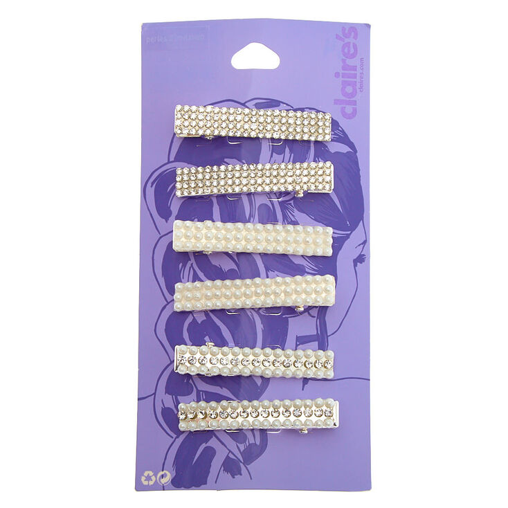 Silver Rhinestone &amp; Pearl Rectangle Hair Clips - 6 Pack,