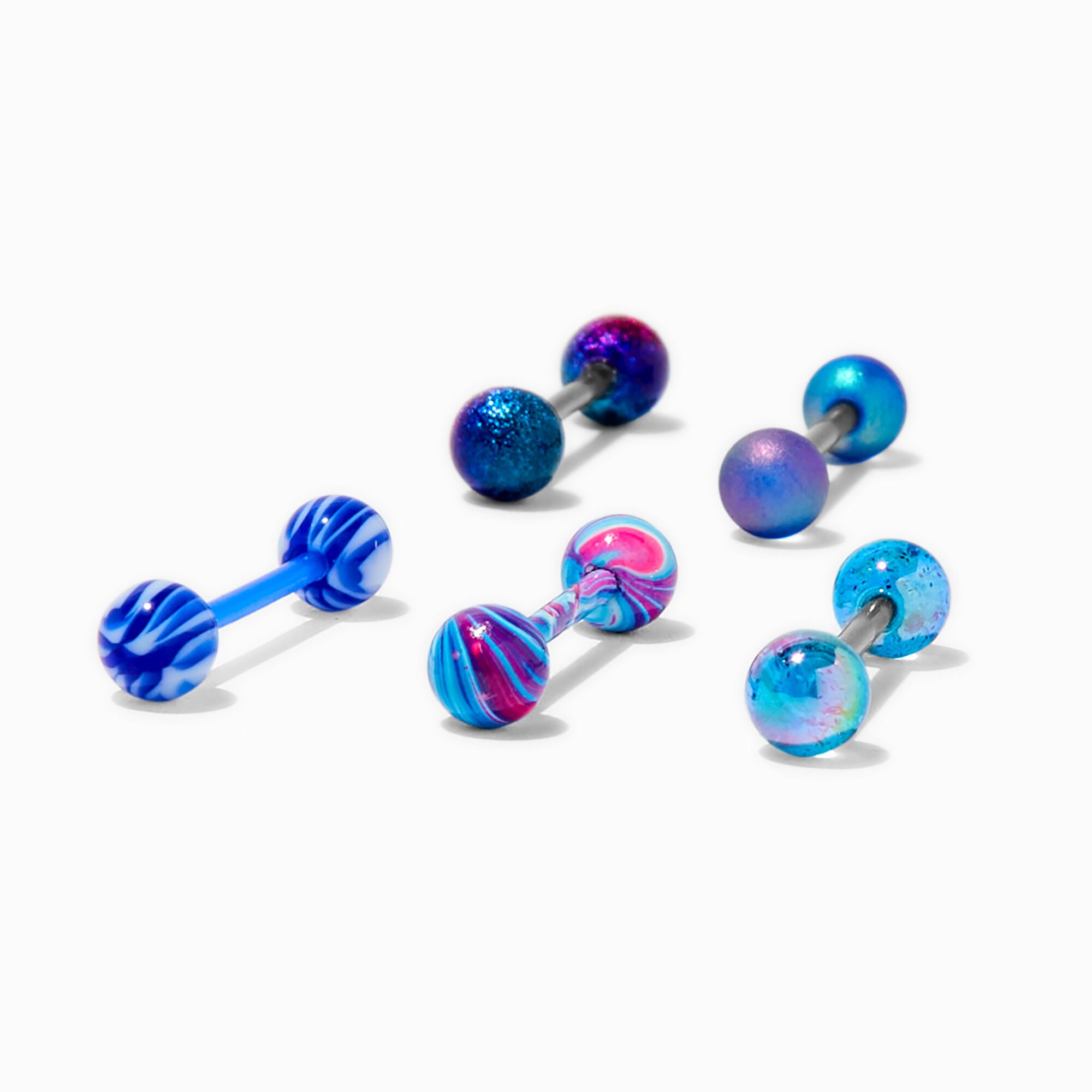 View Claires Aqua Swirl Glitter 14G Barbell Tongue Rings 5 Pack Silver information