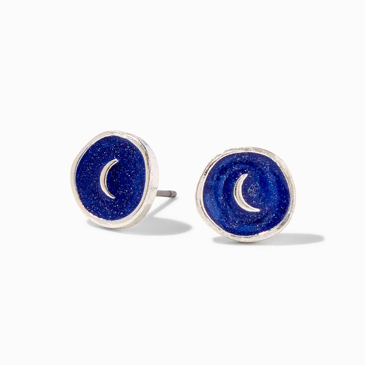 Blue Shimmering Crescent Moon Stud Earrings,