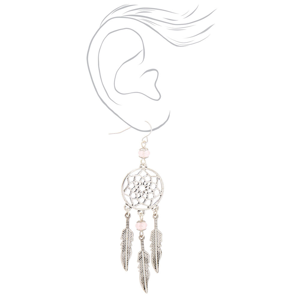 Silver 2.5" Bead Dreamcatcher Drop Earrings - Pink,