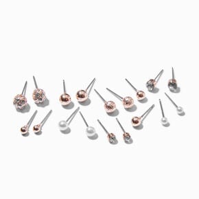 Rose Gold Pearl Stud Earrings - 9 Pack,