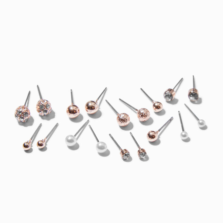 Rose Gold-tone Pearl Stud Earrings - 9 Pack,