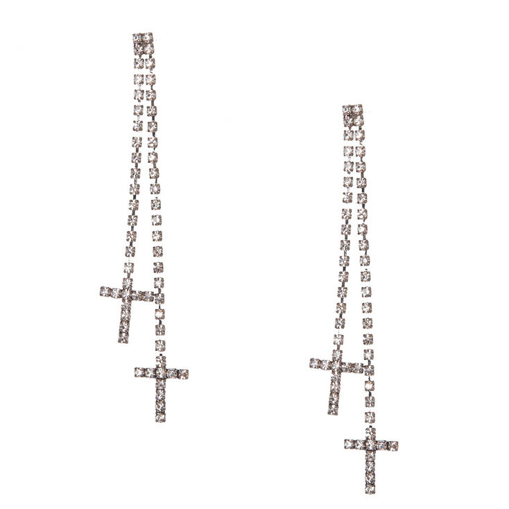 Linear Crystal Chain and Cross Drop Earrings,