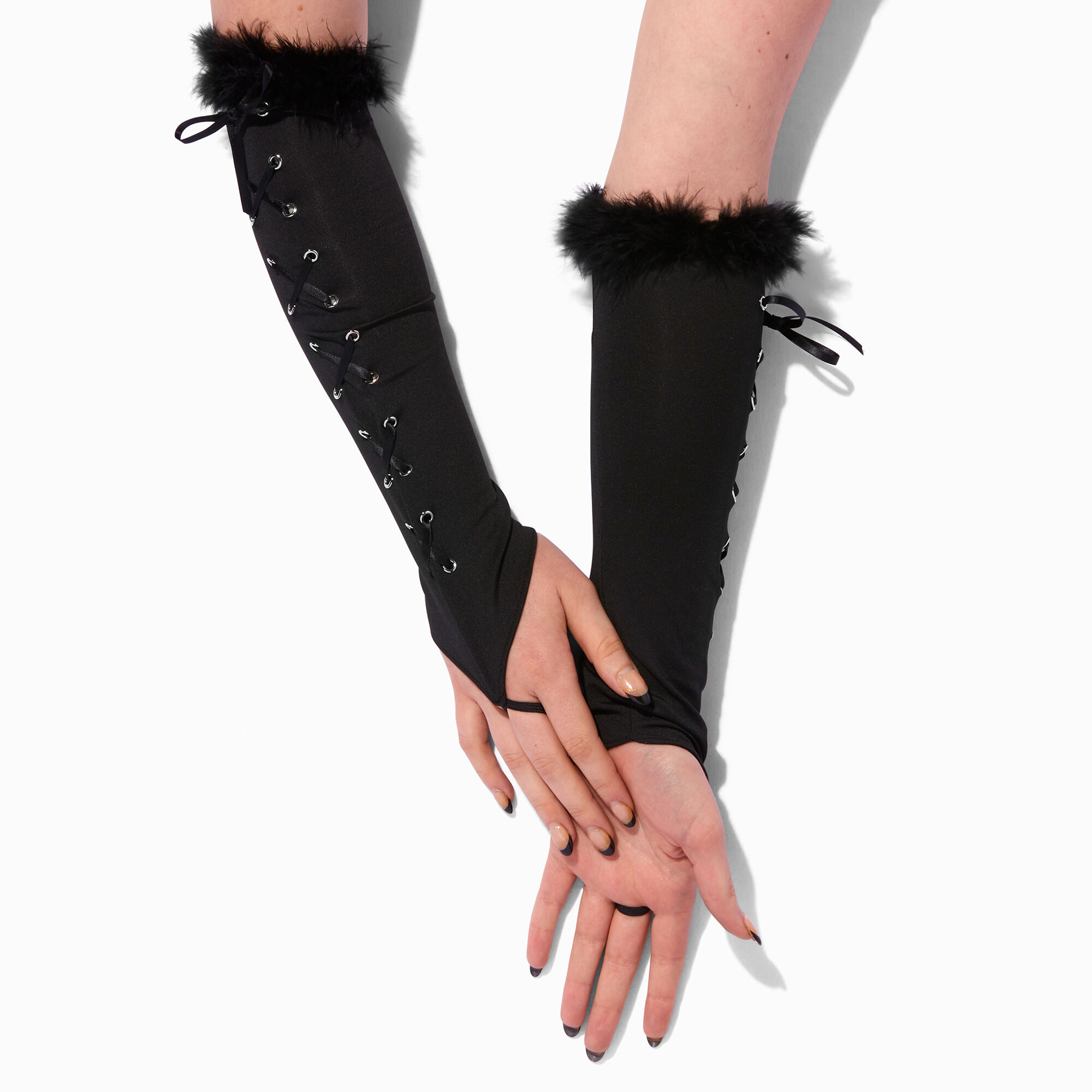 View Claires Feathery Lace Up Long Arm Warmers Black information