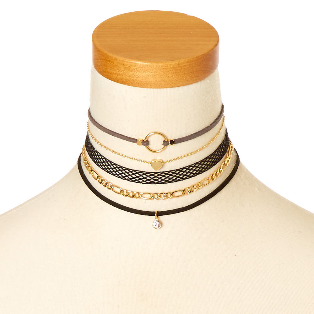 Gold Mixed Media Choker Necklaces - Black, 5 Pack,