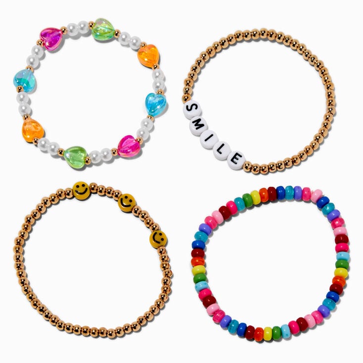 Happy Face &#39;&#39;Smile&#39;&#39; Beaded Stretch Bracelets - 4 Pack,