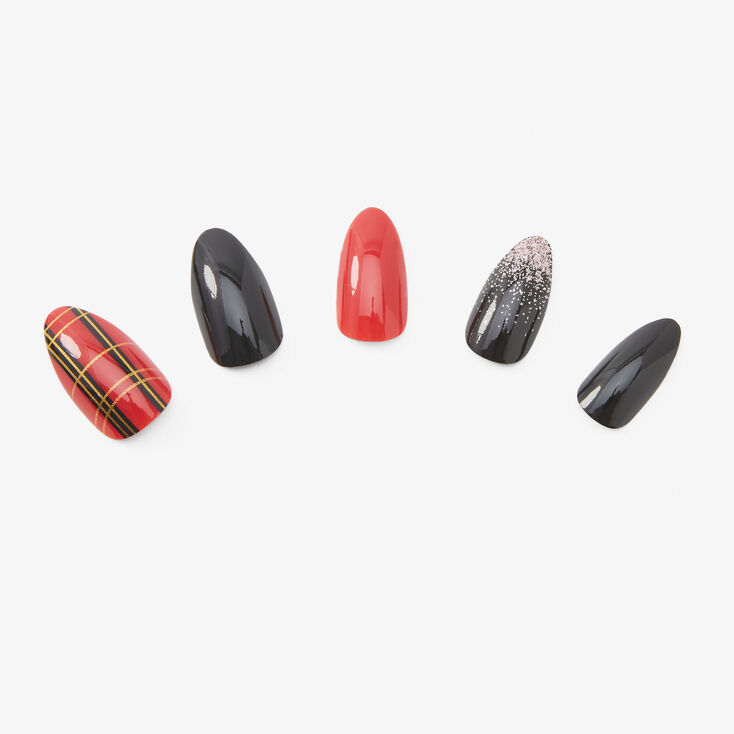Faux ongles vegan motif &eacute;cossais rouge et noir - Lot de 24,