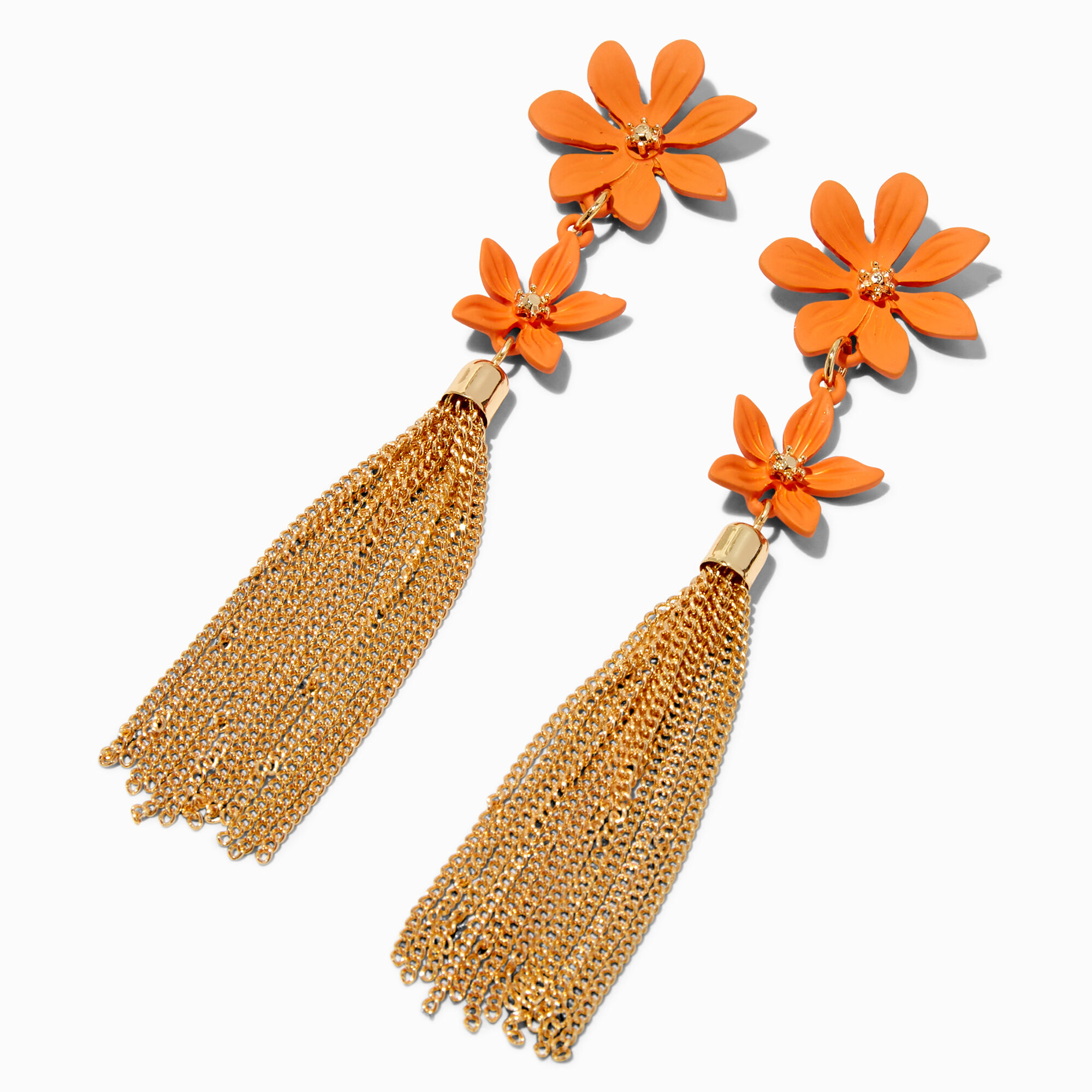 View Claires GoldTone Fringe Coated Double Flower 4 Drop Earrings Orange information