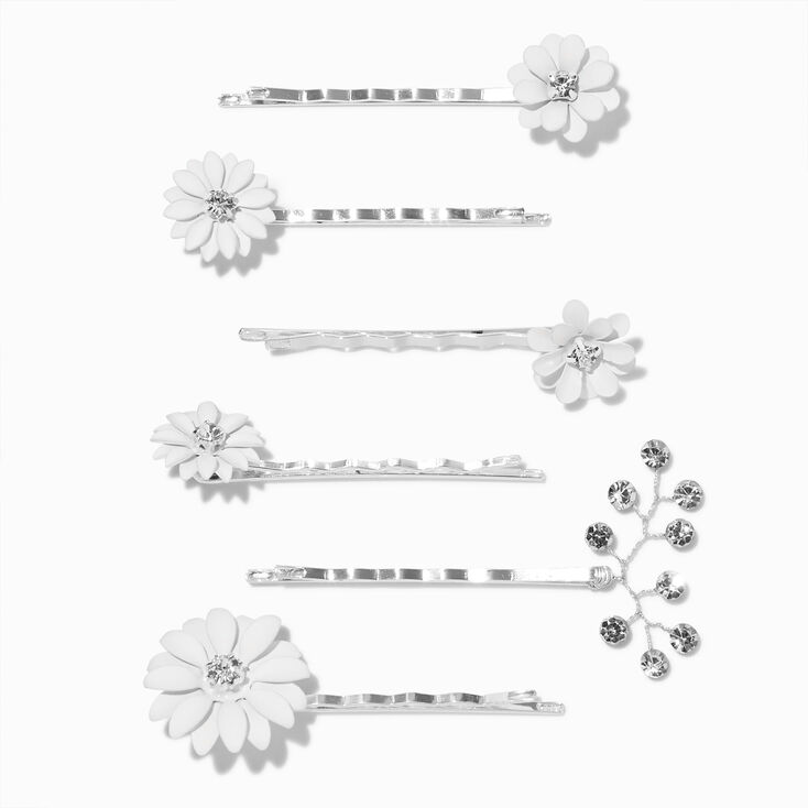 White Whimsical Floral Crystal Bobby Pins &#40;6 Pack&#41;,