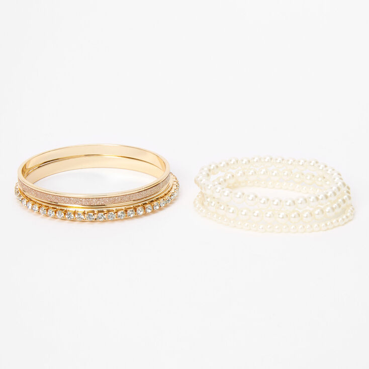 Claire&#39;s Club Gold-tone Bangle &amp; Pearl Stretch Bracelet Set - 5 Pack,