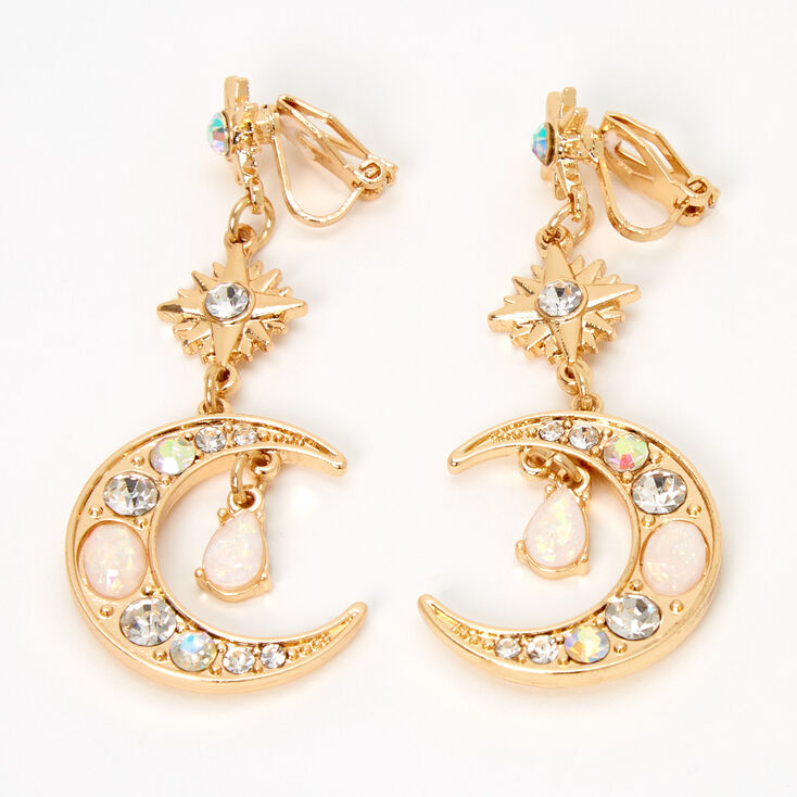 Gold 2&quot; Opal Starburst Moon Clip-On Drop Earrings,