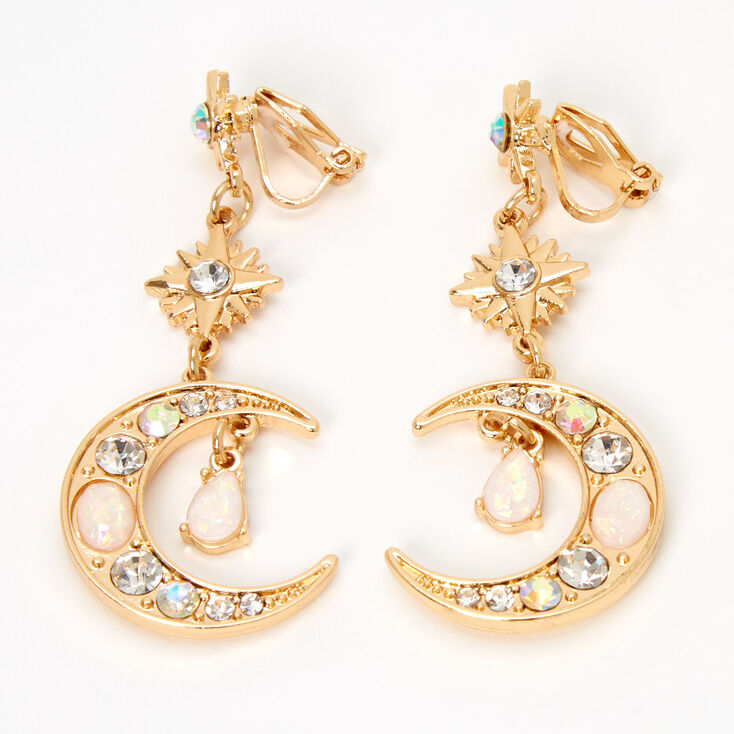 Gold 2&quot; Opal Starburst Moon Clip On Drop Earrings,