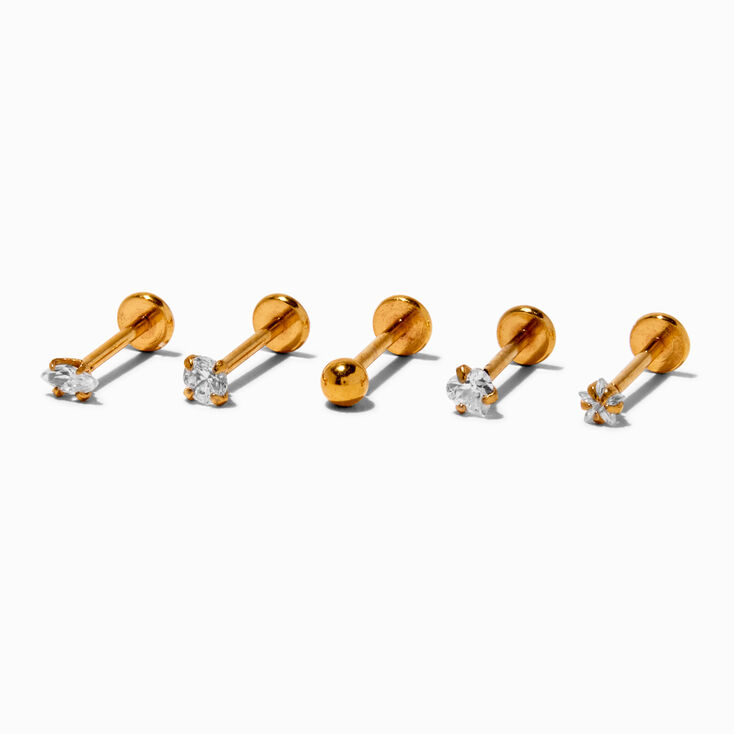 Gold-tone Stainless Steel Cubic Zirconia 18G Stud Threadless Cartilage Earrings - 5 Pack,