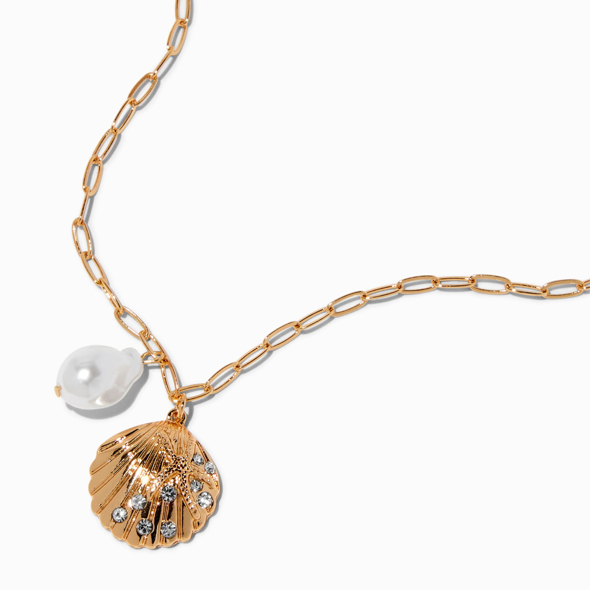 View Claires Clam Shell Pearl Tone Pendant Necklace Gold information