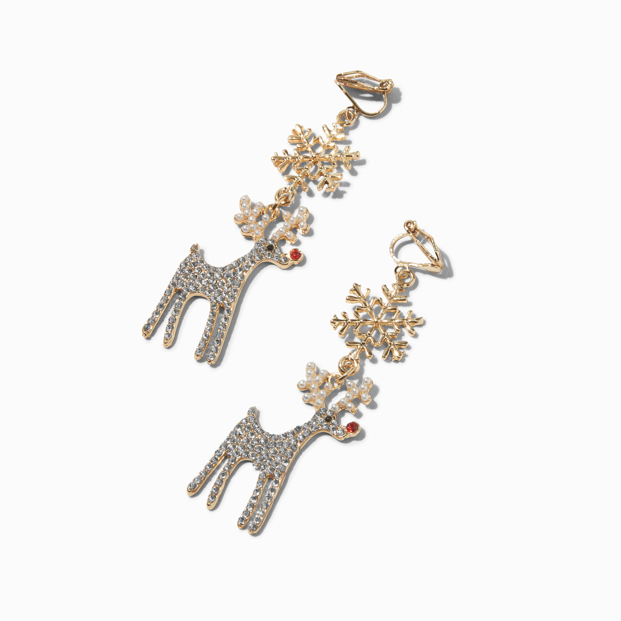 View Claires Crystal Reindeer Snowflake 2 ClipOn Drop Earrings Gold information