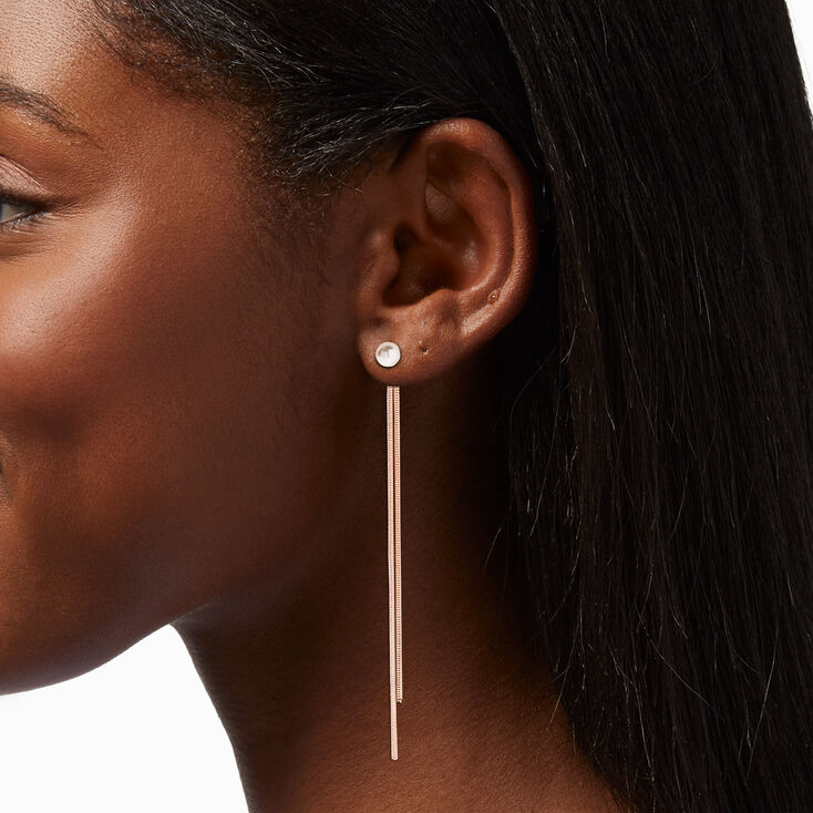 Rose Gold Pearl 4&quot; Linear Drop Earrings,