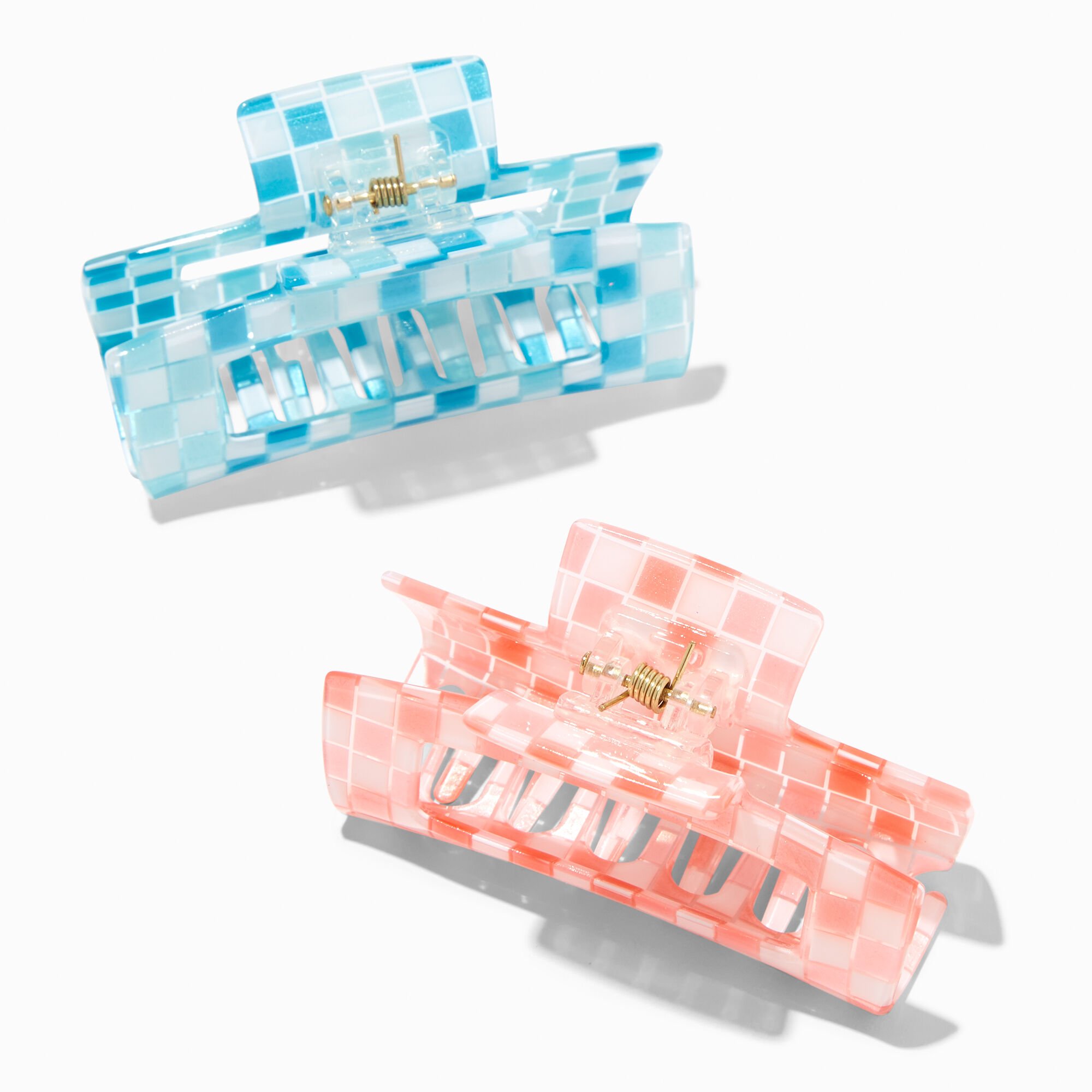 Blue & Pink Checkered Rectangle Hair Claws - 2 Pack,
