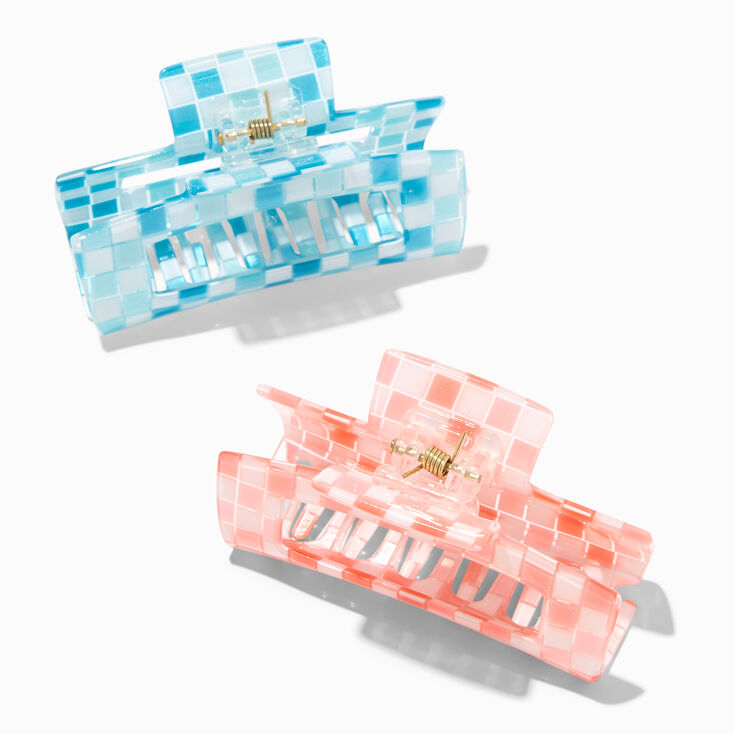 Blue &amp; Pink Checkered Rectangle Hair Claws - 2 Pack,