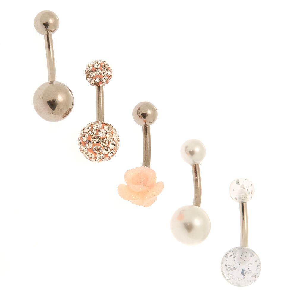 Silver 14G Flower Pearl Belly Rings Pink 5 Pack