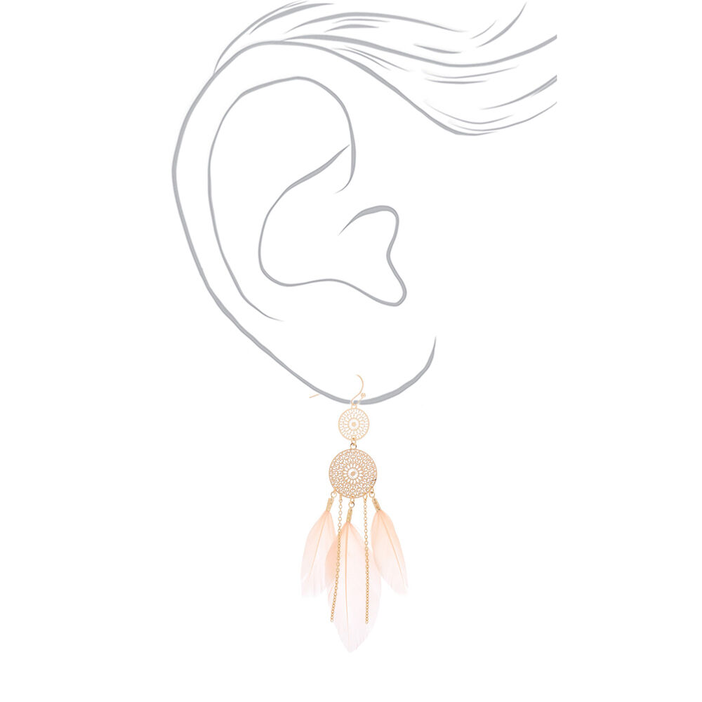 Gold 3.5" Filigree Dreamcatcher Feather Drop Earrings - Pink,