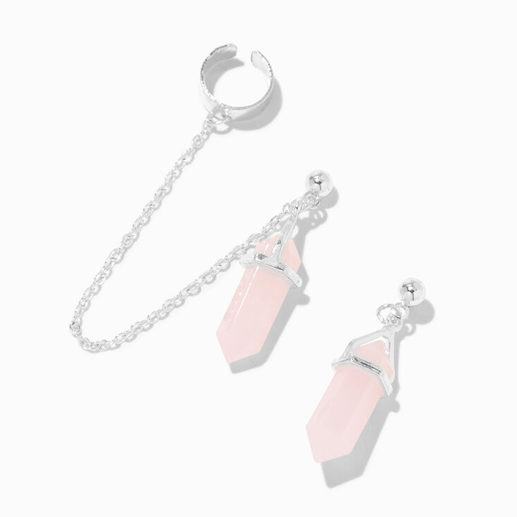 Pink Mystical Gem Silver Cuff Connector Drop Earrings,