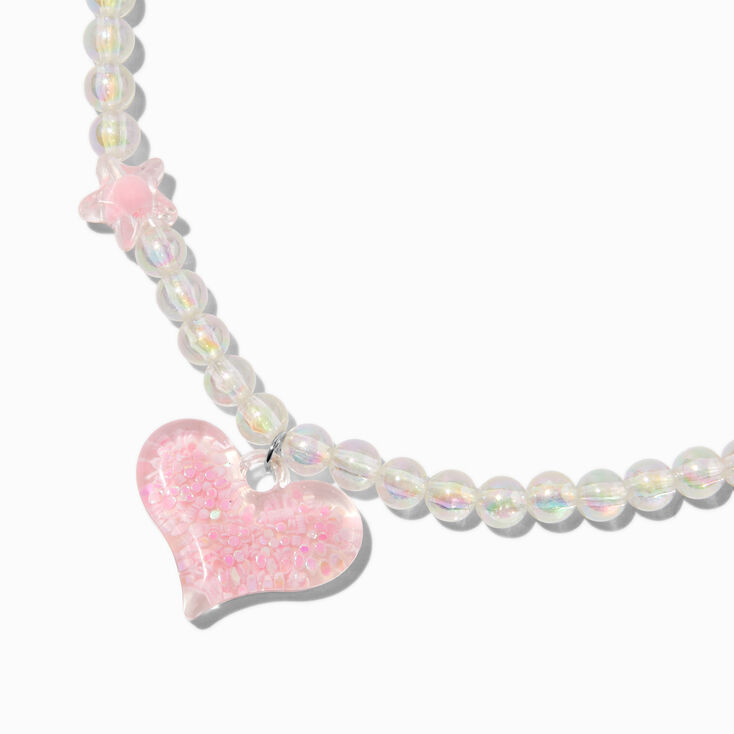 Pink Heart Iridescent Beaded Pendant Necklace,