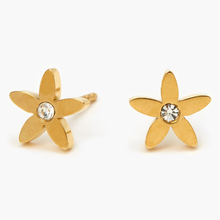 Gold Titanium Crystal Flower Stud Earrings,