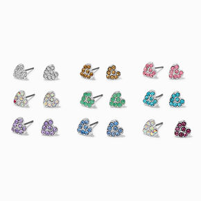 Pastel Crystal Heart Stud Earrings - 9 Pack ,