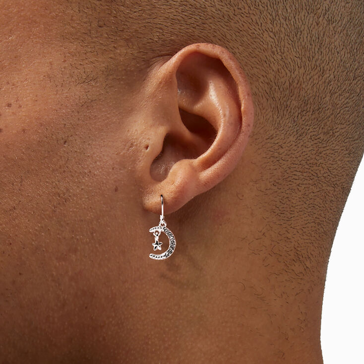 Silver Crescent Moon &amp; Star 0.5&quot; Drop Earrings,