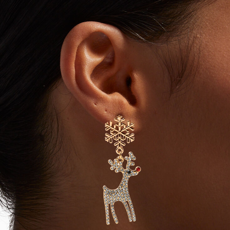 Crystal Reindeer &amp; Gold Snowflake 2&quot; Drop Earrings,